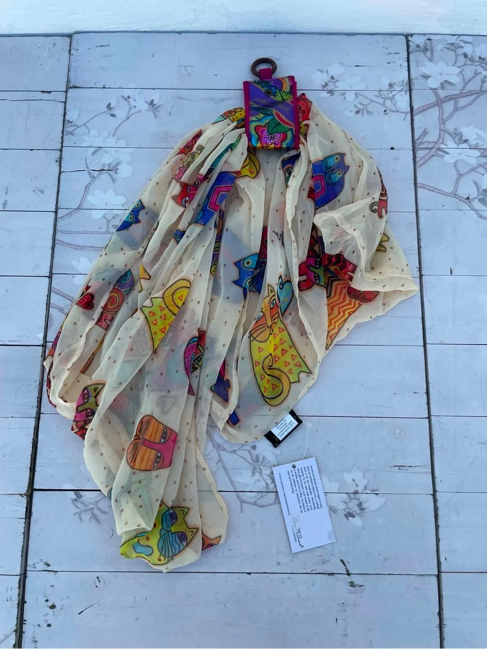 Laurel Burch Cream Scarf with Multicolor Cat Print